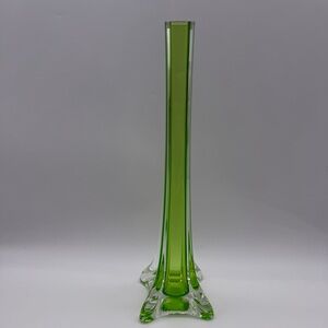 Vintage French Mid-Century Modern Art Glass Bud Vase 11 3/4” Tall Green & Clear